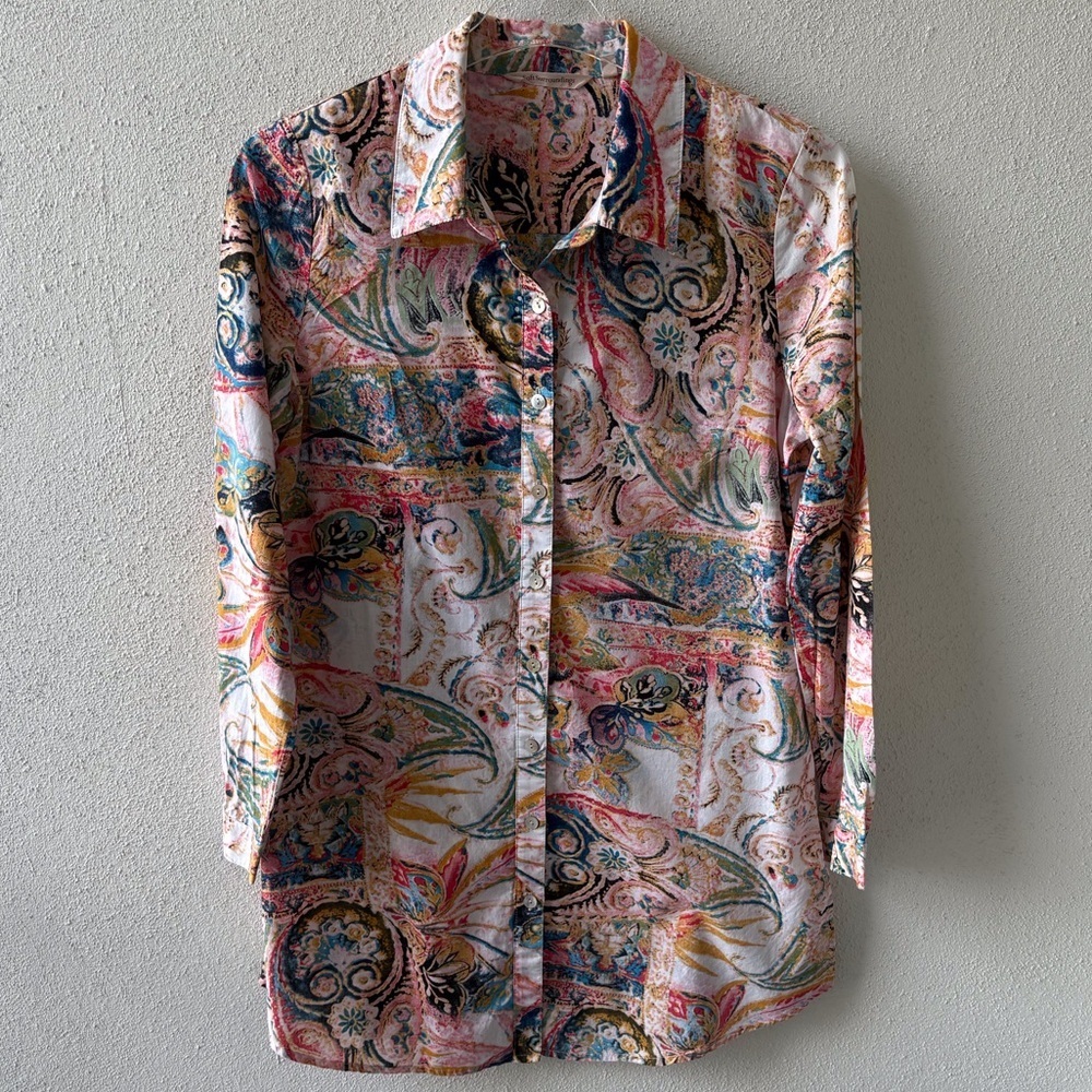 Soft Surroundings Artsy Watercolor Long Sleeve Button Up‎ Size S Tunic Floral